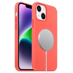 For iPhone 14 Plus Liquid Silicone Full Coverage MagSafe Phone Case(Pink Orange)