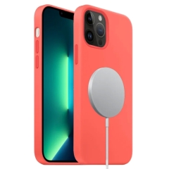 For iPhone 13 Pro Max Liquid Silicone Full Coverage MagSafe Phone Case(Pink Orange)
