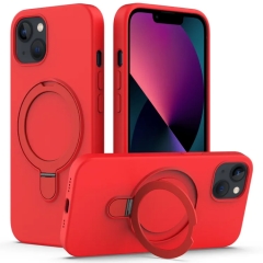 For iPhone 14 Plus Liquid Silicone MagSafe Magnetic Phone Case with Ring Holder(Red)