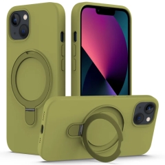 For iPhone 14 Plus Liquid Silicone MagSafe Magnetic Phone Case with Ring Holder(Willow Green)