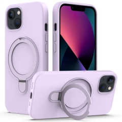 For iPhone 14 Liquid Silicone MagSafe Magnetic Phone Case with Ring Holder(Lilac Purple)