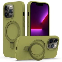 For iPhone 13 Pro Max Liquid Silicone MagSafe Magnetic Phone Case with Ring Holder(Willow Green)