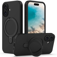 For iPhone 16 Plus Liquid Silicone MagSafe Magnetic Phone Case with Ring Holder(Black)