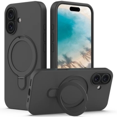 For iPhone 16 Plus Liquid Silicone MagSafe Magnetic Phone Case with Ring Holder(Carbon Black)