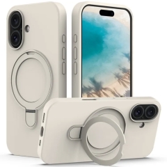 For iPhone 16 Liquid Silicone MagSafe Magnetic Phone Case with Ring Holder(Antique White)