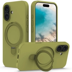 For iPhone 16 Liquid Silicone MagSafe Magnetic Phone Case with Ring Holder(Willow Green)