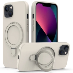 For iPhone 14 Plus Liquid Silicone MagSafe Magnetic Phone Case with Ring Holder(Antique White)