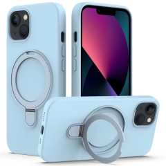 For iPhone 14 Liquid Silicone MagSafe Magnetic Phone Case with Ring Holder(Sky Blue)