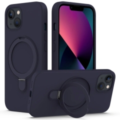 For iPhone 14 Liquid Silicone MagSafe Magnetic Phone Case with Ring Holder(Midnight Blue)
