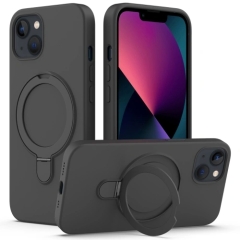 For iPhone 15 Plus Liquid Silicone MagSafe Magnetic Phone Case with Ring Holder(Carbon Black)