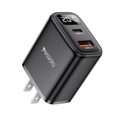 Yesido YC12U 20W USB-C / Type-C + USB Digital Display Charger, US Plug(Black)