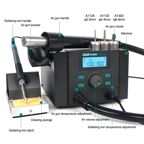 Quick 8786D+ 2-in-1 Soldering Iron Hot Air Gun Lead-free Smart Digital Display Rework Station