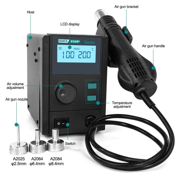 Quick 8786D+ 2-in-1 Soldering Iron Hot Air Gun Lead-free Smart Digital Display Rework Station