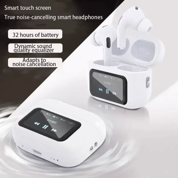 A9 Pro White ANC/ENC Bluetooth 5.4 Wireless Headphones With Intelligent Display