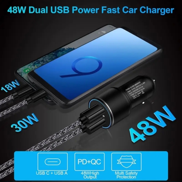 Dual Port Car Adapter (PD / QC 3.0) (48W) - Black