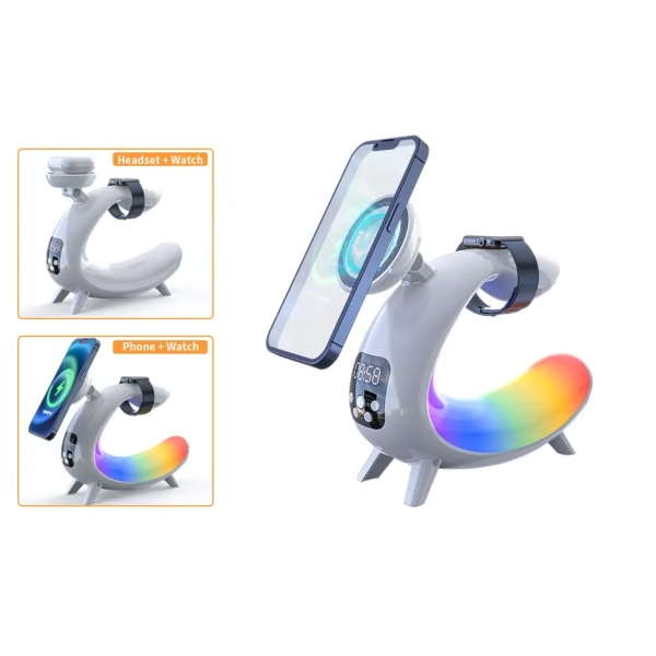 15W Wireless Fast Charge Device With Lamp & Speaker & Clock