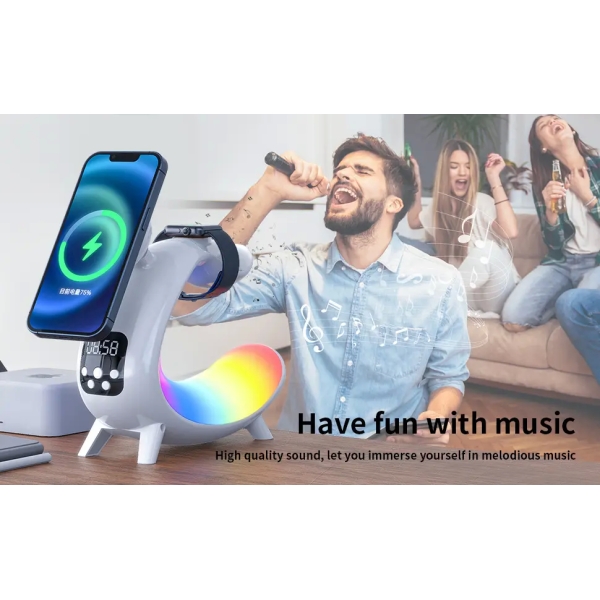 15W Wireless Fast Charge Device With Lamp & Speaker & Clock