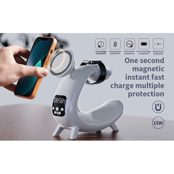 15W Wireless Fast Charge Device With Lamp & Speaker & Clock