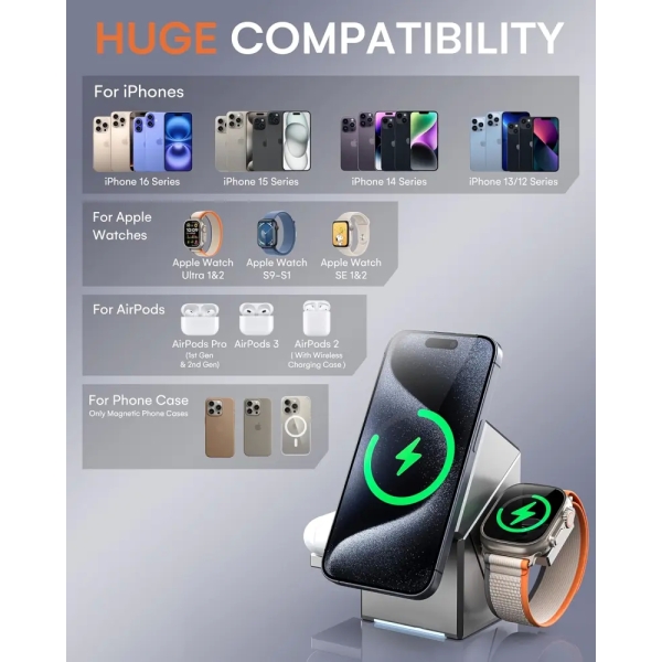 Qi2 15W 3-in-1 Magnetic Wireless Charger CubeTrick-X For iPhone 12-16 Series/ AirPod/ IWatch