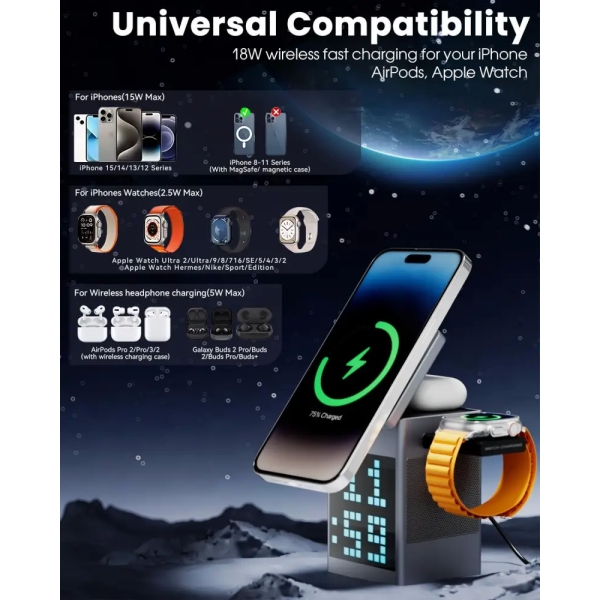 6-in-1 Magnetic Wireless Charger Pixel Art Bluetooth Speaker with LED Display Digital Alarm Clock