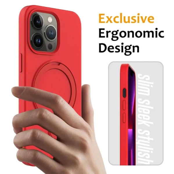 For iPhone 13 Pro Max Liquid Silicone MagSafe Magnetic Phone Case with Ring Holder(Red)