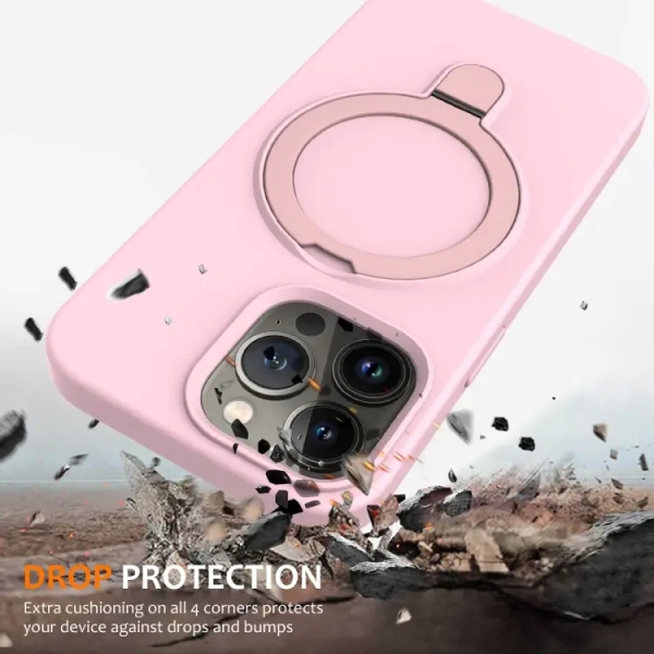 For iPhone 13 Pro Max Liquid Silicone MagSafe Magnetic Phone Case with Ring Holder(Grey Pink)