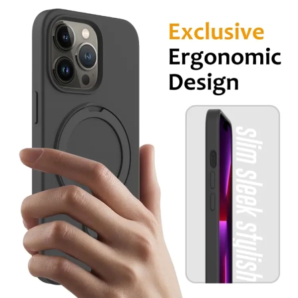 For iPhone 13 Pro Max Liquid Silicone MagSafe Magnetic Phone Case with Ring Holder(Carbon Black)