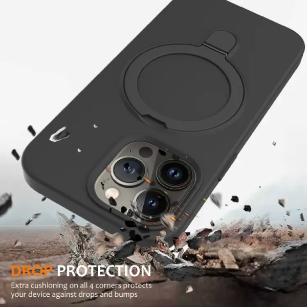 For iPhone 13 Pro Max Liquid Silicone MagSafe Magnetic Phone Case with Ring Holder(Carbon Black)
