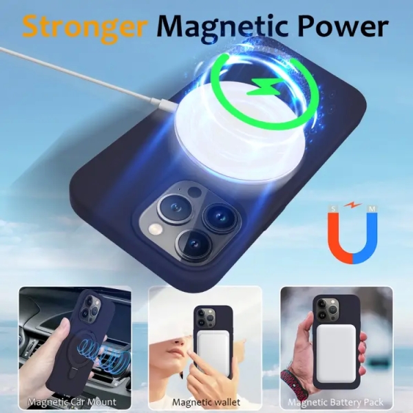 For iPhone 13 Pro Max Liquid Silicone MagSafe Magnetic Phone Case with Ring Holder(Midnight Blue)