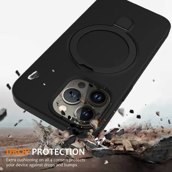 For iPhone 14 Pro Max Liquid Silicone MagSafe Magnetic Phone Case with Ring Holder(Black)
