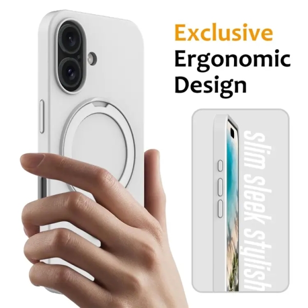 For iPhone 16 Plus Liquid Silicone MagSafe Magnetic Phone Case with Ring Holder(White)