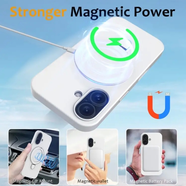 For iPhone 16 Plus Liquid Silicone MagSafe Magnetic Phone Case with Ring Holder(White)