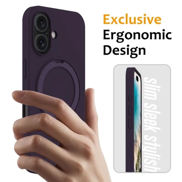 For iPhone 16 Liquid Silicone MagSafe Magnetic Phone Case with Ring Holder(Purple)