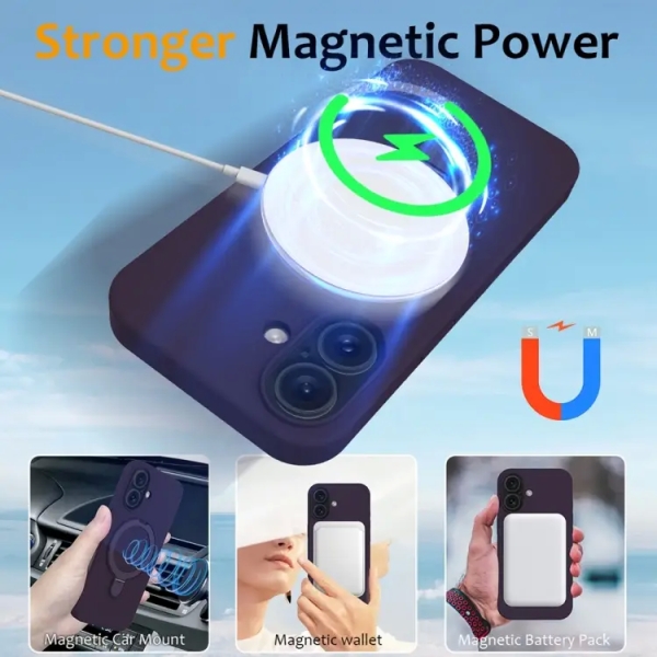 For iPhone 16 Liquid Silicone MagSafe Magnetic Phone Case with Ring Holder(Purple)