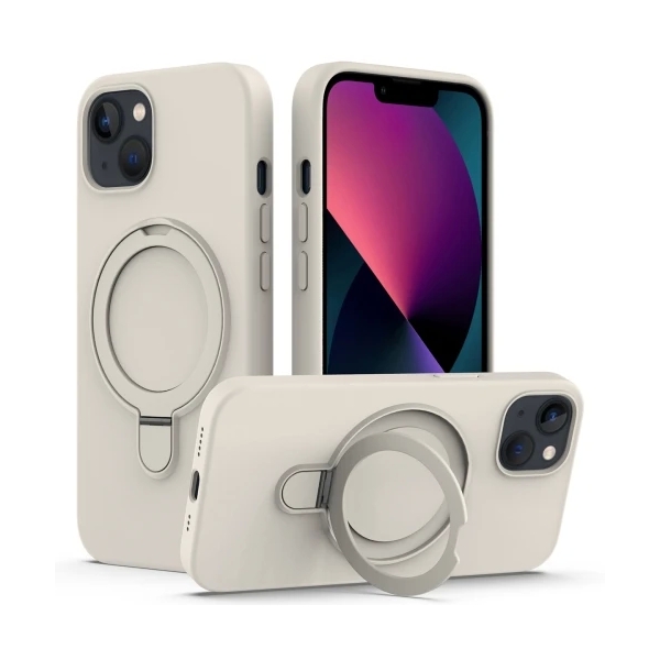 For iPhone 13 Liquid Silicone MagSafe Magnetic Phone Case with Ring Holder(Antique White)