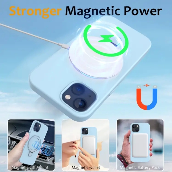 For iPhone 13 Liquid Silicone MagSafe Magnetic Phone Case with Ring Holder(Sky Blue)