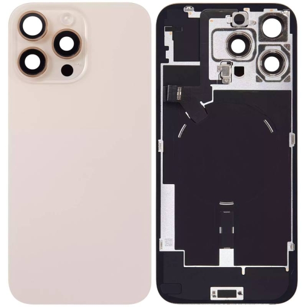 Back Glass w/ Camera Lens / Steel Plate / Wireless NFC Charging MagSafe Magnet / Flashlight Flex for iPhone 16 Pro Max - Desert Titanium