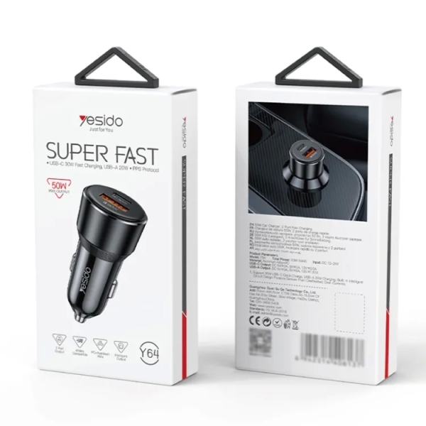 Yesido Y64 PD30W Type-C + QC20W USB Super Fast Car Charger (Black)