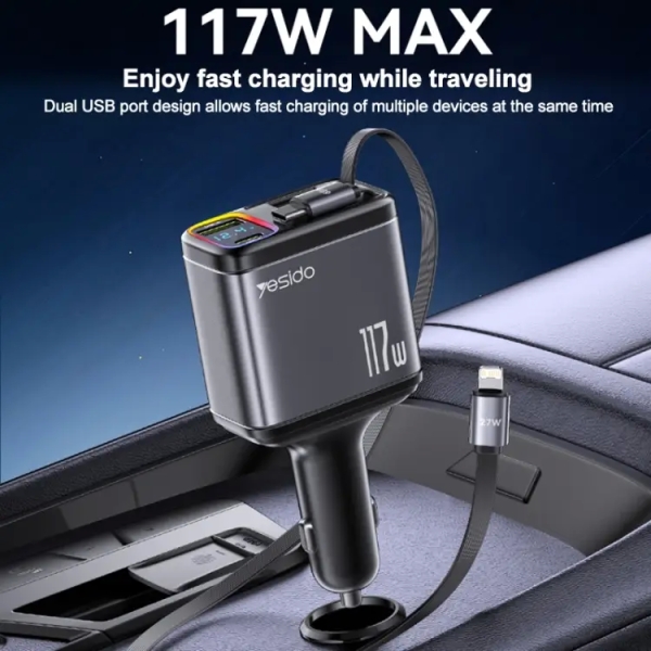 Yesido Y63 4 in 1 117W USB-C / Type-C+USB Multifunctional Retractable Dual Line Digital Display Car Fast Charger(Black)