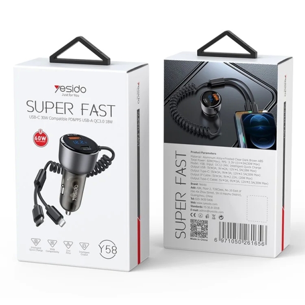 Yesido Y58 60W PD + QC3.0 Dual Port Car Fast Charger with USB-C / Type-C + 8 Pin Spring Cable