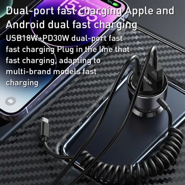 Yesido Y57 50W PD + QC3.0 Dual Port Car Charger with 8 Pin Spring Data Cable
