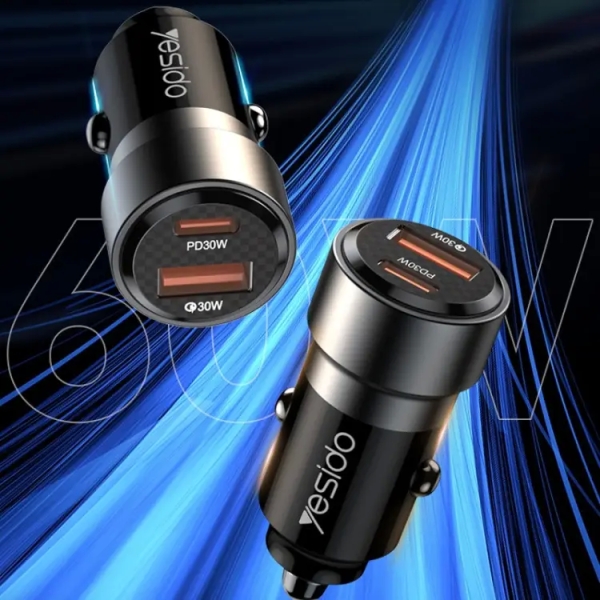 Yesido Y55 With Double Type-C/USB-C Port Line Car Charger QC3.0+PD30W Type-C/USB-C+USB Dual Port Quick Charge(Black)