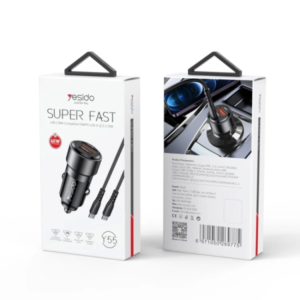 Yesido Y55 With Double Type-C/USB-C Port Line Car Charger QC3.0+PD30W Type-C/USB-C+USB Dual Port Quick Charge(Black)