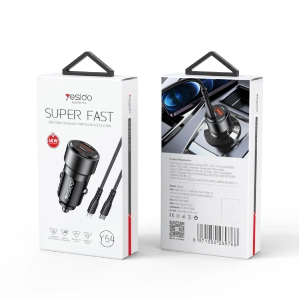 Yesido Y54 With 8 Pin To Type-C/USB-C Line Car Charger QC3.0+PD30W Type-C/USB-C+USB Dual Port Quick Charge(Black)