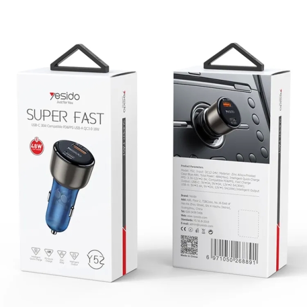 Yesido Y52 48W Dual-channel Fast Charging Zinc Alloy QC3.0 Car Charger(Black)