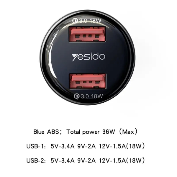 Yesido Y51 36W Dual-channel Fast Charging Zinc Alloy QC3.0 Car Charger(Black)