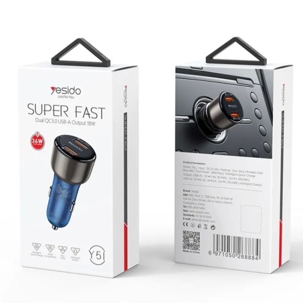 Yesido Y51 36W Dual-channel Fast Charging Zinc Alloy QC3.0 Car Charger(Black)