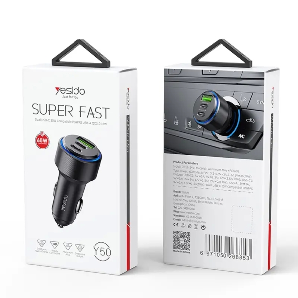 Yesido Y50 Car USB3.0 Fast Charger 30W Aluminum Alloy PD Fast Charging(Black)