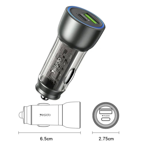 Yesido Y49 Car USB3.0 Fast Charger 30W Translucent PD Fast Charging(Black)