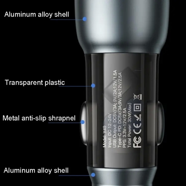 Yesido Y49 Car USB3.0 Fast Charger 30W Translucent PD Fast Charging(Black)